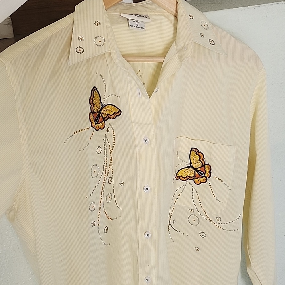 Butterfly Embroidered Cream Button-Up Blouse